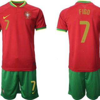 Men's Portugal #7 Figo Red Home Soccer Jersey Suit