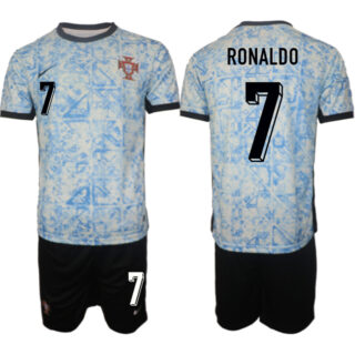 Men's Portugal Team #7 Ronaldo 2024-25 White Blue Away Soccer Jerseys