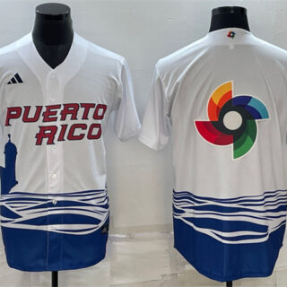 Men's Puerto Rico Baseball 2023 White World Baseball Big Logo Classic Replica Stitched Jersey
