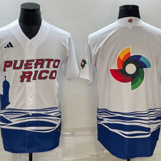 Men's Puerto Rico Baseball 2023 White World Baseball Big Logo With Patch Classic Replica Stitched Jersey