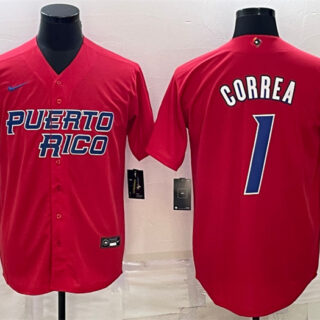 Men's Puerto Rico Baseball #1 Carlos Correa 2023 Red World Baseball Classic Replica Stitched Jersey