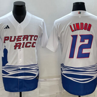 Men's Puerto Rico Baseball #12 Francisco Lindor 2023 White World Baseball Classic Stitched Jersey