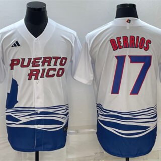 Men's Puerto Rico Baseball #17 José Berríos 2023 White World Baseball Classic Replica Stitched Jersey