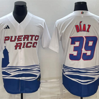 Men's Puerto Rico Baseball #39 Edwin Díaz 2023 White World Baseball Classic Replica Stitched Jersey