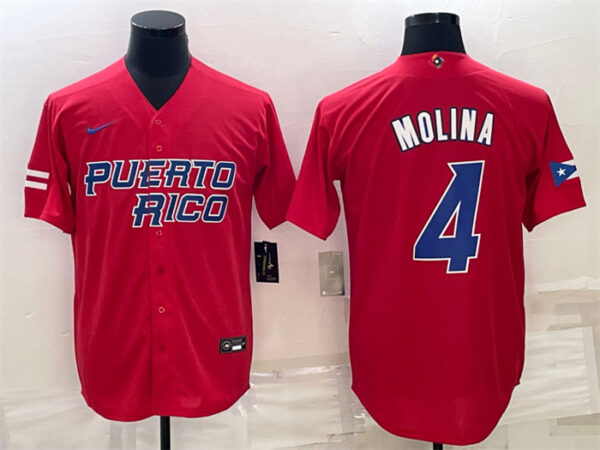 Men's Puerto Rico Baseball #4 Yadier Molina 2023 Red World Baseball Classic Replica Stitched Jersey