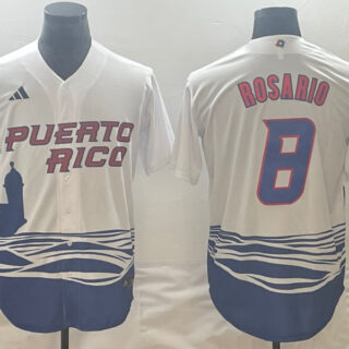 Men's Puerto Rico Baseball #8 Eddie Rosario 2023 White World Baseball Classic Stitched Jersey