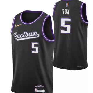 Men's Sacramento Kings #5 De'Aaron Fox 2021 2022 Black City Edition 75th Anniversary Stitched Jersey