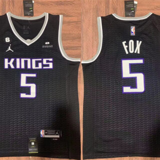 Men's Sacramento Kings #5 De'Aaron Fox Black No.6 Patch Stitched Jersey