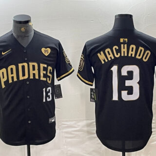 Men's San Diego Padres #13 Manny Machado Black Gold With Patch Cool Base Stitched Baseball Jersey