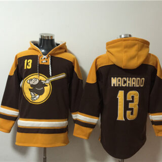 Men's San Diego Padres #13 Manny Machado Brown Gold Ageless Must-Have Lace-Up Pullover Hoodie