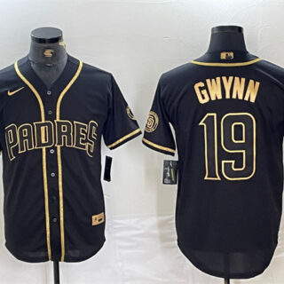 Men's San Diego Padres #19 Tony Gwynn Black Gold With Patch Cool Base Stitched Baseball Jersey
