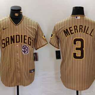 Men's San Diego Padres #3 Jackson Merrill Tan Cool Base Stitched Baseball Jerseys