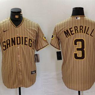 Men's San Diego Padres #3 Jackson Merrill Tan Cool Base Stitched Baseball Jersey