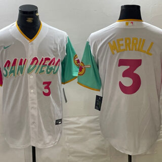 Men's San Diego Padres #3 Jackson Merrill White City Connect Cool Base Stitched Baseball Jerseys