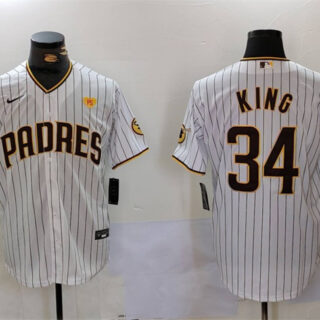 Men's San Diego Padres #34 Michael King White With PS Patch Cool Base Stitched Baseball Jersey