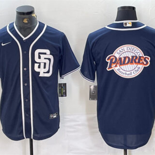 Men's San Diego Padres Navy Team Big Logo Cool Base Stitched Baseball Jersey 4