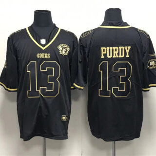 Men's San Francisco 49ers #13 Brock Purdy Black Gold With 75th Anniversary Patch Stitched Jersey