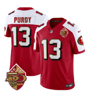Men's San Francisco 49ers #13 Brock Purdy Red White 2023 F.U.S.E. 50th Patch Throwback Stitched Football Jersey