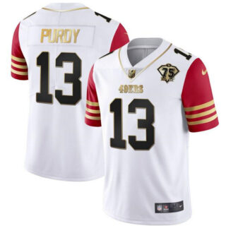Men's San Francisco 49ers #13 Brock Purdy White Red With 75th Anniversary Patch Stitched Jersey
