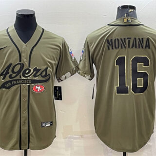 Men's San Francisco 49ers #16 Joe Montana 2022 Olive Salute To Service Cool Base Stitched Baseball Jersey