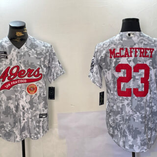 Men's San Francisco 49ers #23 Christian McCaffrey 2024 Arctic Camo Salute To Service Stitched Baseball Jerseys