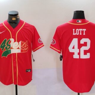 Men's San Francisco 49ers #42 Ronnie Lott Red With Patch Cool Base Stitched Baseball Jerseys