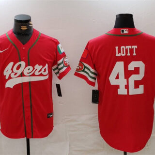 Men's San Francisco 49ers #42 Ronnie Lott Red With Patch Cool Base Stitched Baseball Jersey