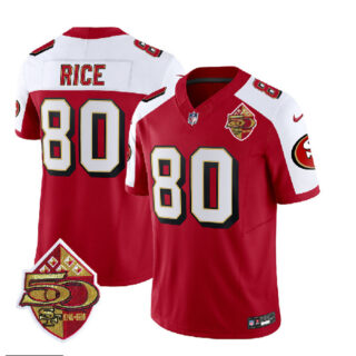 Men's San Francisco 49ers #80 Jerry Rice Red White 2023 F.U.S.E. 50th Patch Throwback Stitched Football Jersey