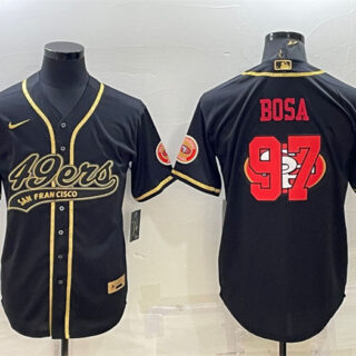 Men's San Francisco 49ers #97 Nick Bosa Black Gold Team Big Logo With Patch Cool Base Stitched Baseball Jersey