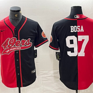 Men's San Francisco 49ers #97 Nick Bosa Red Black Split With Patch Cool Base Stitched Baseball Jersey