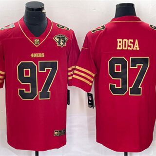 Men's San Francisco 49ers #97 Nick Bosa Red Gold With 75th Anniversary Patch Stitched Jersey
