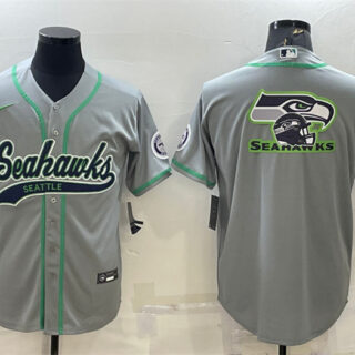 Men's Seattle Seahawks Grey Team Big Logo With Patch Cool Base Stitched Baseball Jersey