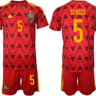 Men's Spain #5 Sergio Red Home Soccer Jersey Suit