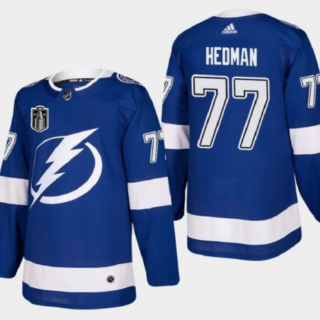 Men's Tampa Bay Lightning #77 Victor Hedman 2022 Blue Stanley Cup Final Patch Stitched Jersey