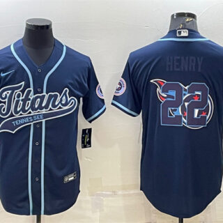 Men's Tennessee Titans #22 Derrick Henry Navy Team Big Logo With Patch Cool Base Stitched Baseball Jersey