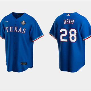 Men's Texas Rangers #28 Jonah Heim Royal 2023 World Series Stitched Baseball Jersey