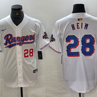 Men's Texas Rangers #28 Jonah Heim White Gold Cool Base Stitched Baseball Jersey