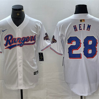 Men's Texas Rangers #28 Jonah Heim White Gold Cool Base Stitched Baseball Jersey