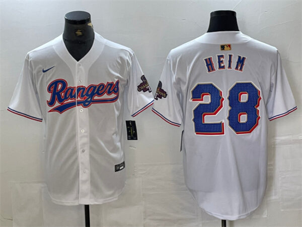 Men's Texas Rangers #28 Jonah Heim White Gold Cool Base Stitched Baseball Jersey