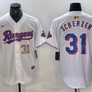 Men's Texas Rangers #31 Max Scherzer White Gold Cool Base Stitched Baseball Jersey