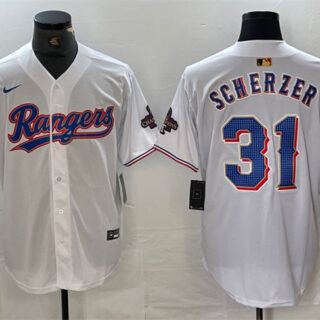 Men's Texas Rangers #31 Max Scherzer White Gold Cool Base Stitched Baseball Jersey