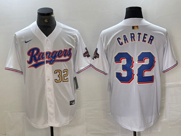 Men's Texas Rangers #32 Evan Carter White Gold Cool Base Stitched Baseball Jersey