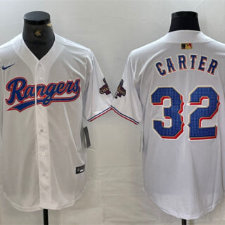 Men's Texas Rangers #32 Evan Carter White Gold Cool Base Stitched Baseball Jersey