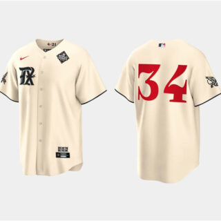 Men's Texas Rangers #34 Nolan Ryan Cream 2023 World Series City Connect Stitched Baseball Jersey