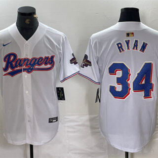 Men's Texas Rangers #34 Nolan Ryan White Gold Cool Base Stitched Baseball Jersey