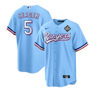 Men's Texas Rangers #5 Corey Seager Blue 2023 World Series Stitched Baseball Jersey