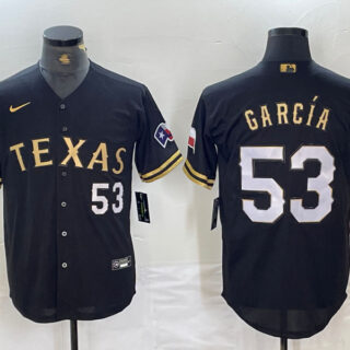 Men's Texas Rangers #53 Adolis Garcia Black Gold Cool Base Stitched Baseball Jersey