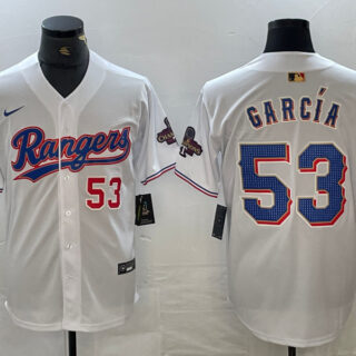 Men's Texas Rangers #53 Adolis Garcia Number White 2023 World Series Champions Cool Base Jersey