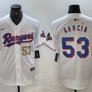 Men's Texas Rangers #53 Adolis Garcia Number White 2023 World Series Champions Cool Base Jerseys