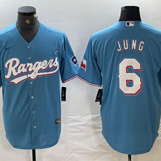 Men's Texas Rangers #6 Josh Jung Light Blue Team Logo Cool Base Jersey